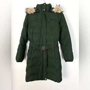 Lands End Modern Down Coat Evergreen Forest Belted Fur Hood Size Small Insulated